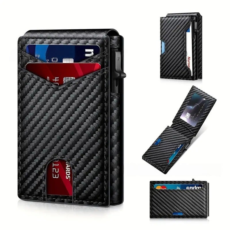 With Pop Up Aluminum Case Slim Leather Slots Credit Card Holder RFID Blocking Bifold Minimalist Wallet - Carbon fiber