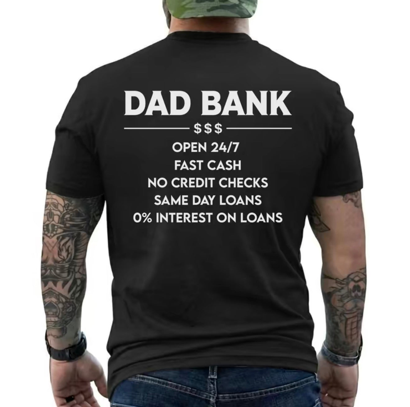Funny Dad Bank T-Shirt for Men – "Open 247, No Credit Checks" Graphic Tee
