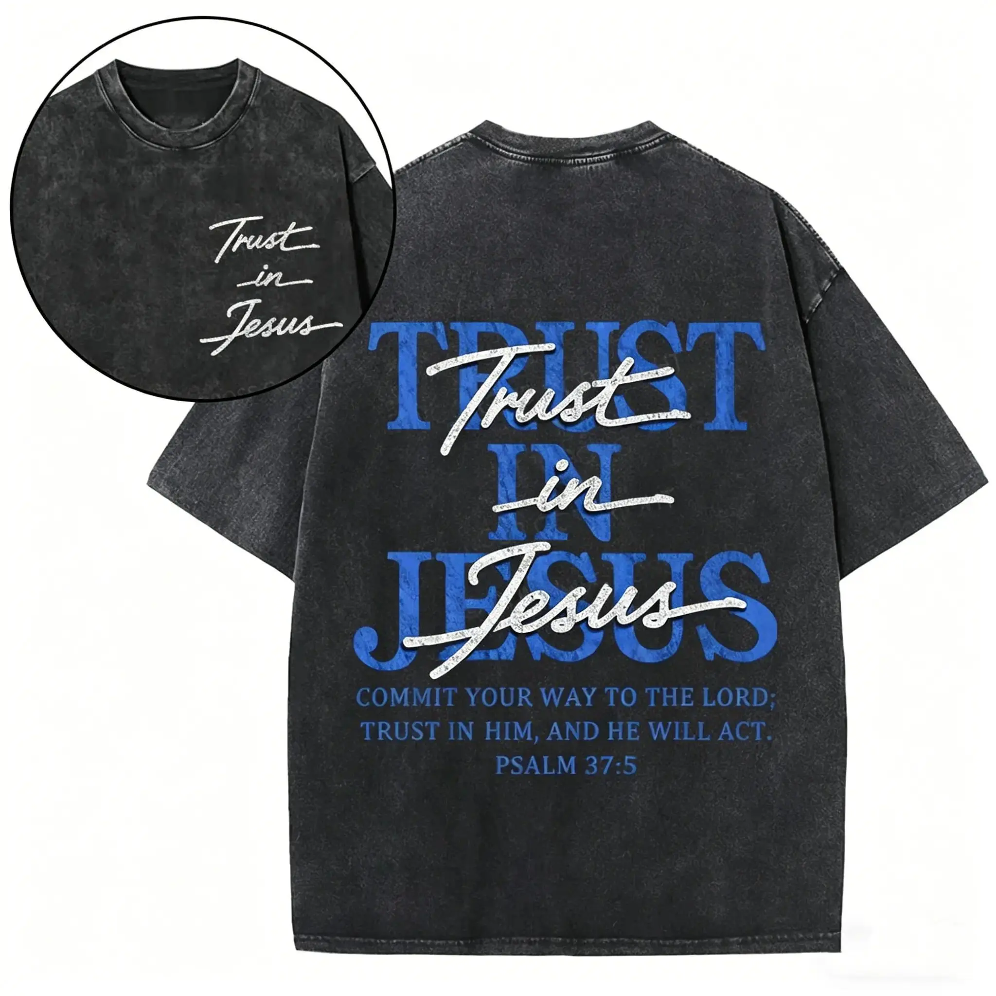 Christian Washed Oversized Tee, "Trust in Jesus" Psalm 37:5 Bible Verse Design, Faith-Based Gift for Men & Women