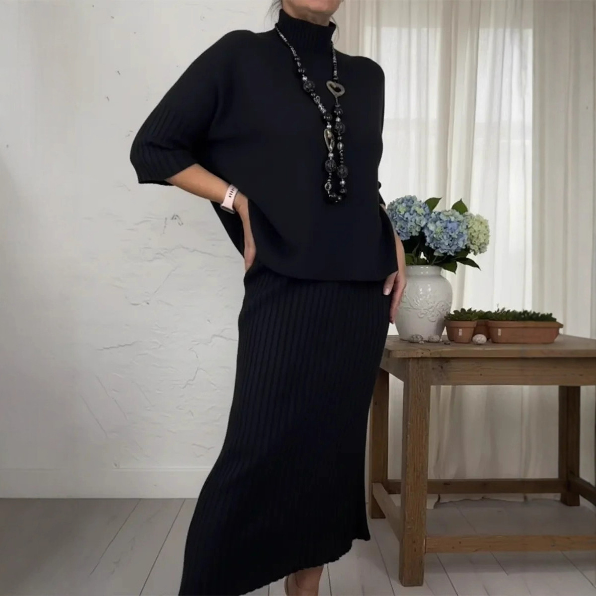 Elegant Knit Sweater and Midi Skirt 2-Piece Set