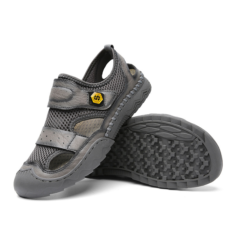 Men's Sandals Leather Durable Non Slip Outdoor Hiking Trekking Sandals Comfy Beach Water Shoes With Hook And Loop Fastener For Spring And Summer(Wide Foot Big Size)-walkjoyful