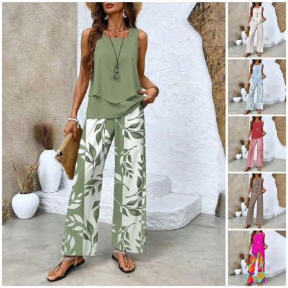 🔥50% OFF🌺Fashionable two-piece women's outfits with printed sleeveless top & pants