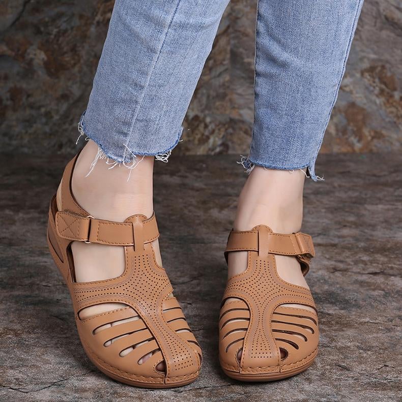 Vanccy - Soft PU Leather Closed Toe Vintage Anti-Slip Sandals-walkjoyful