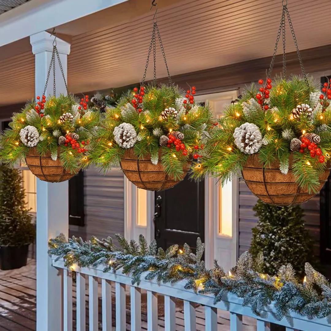 🎄 lit Artificial Christmas Hanging Basket - Flocked with Mixed Decorations and White LED Lights - Frosted Berry