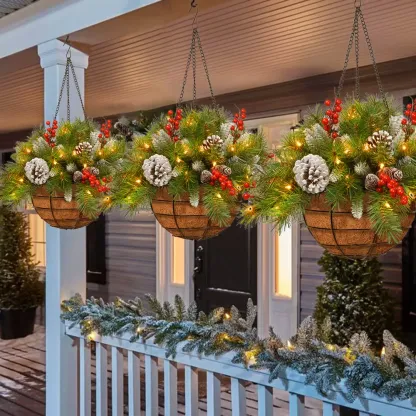 🎄 lit Artificial Christmas Hanging Basket - Flocked with Mixed Decorations and White LED Lights - Frosted Berry