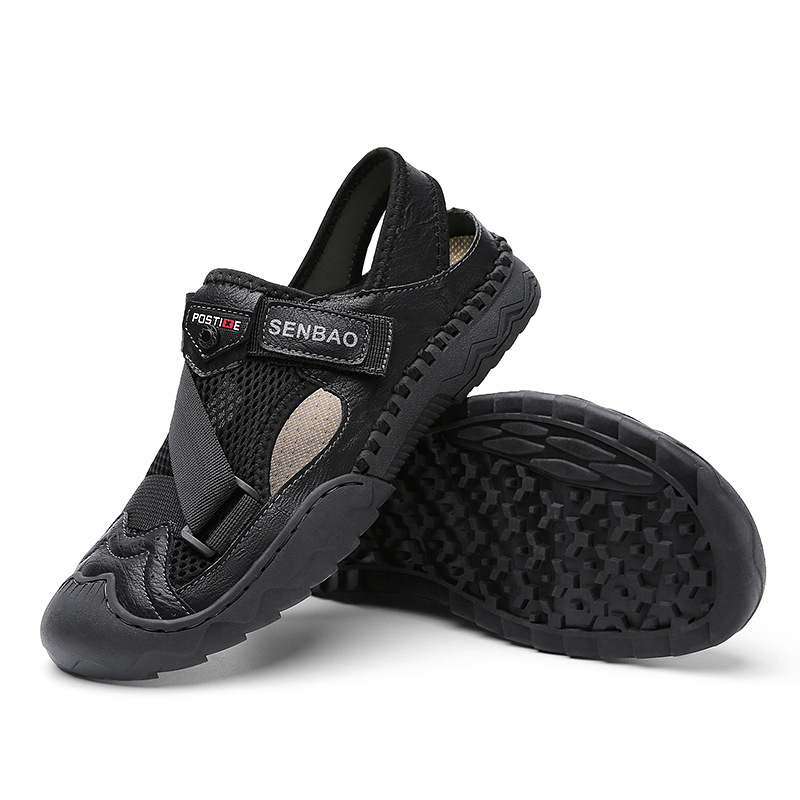 Men's Sandals Leather Durable Non Slip Outdoor Hiking Trekking Sandals Comfy Beach Water Shoes With Hook And Loop Fastener For Spring And Summer(Wide Foot Big Size)-walkjoyful