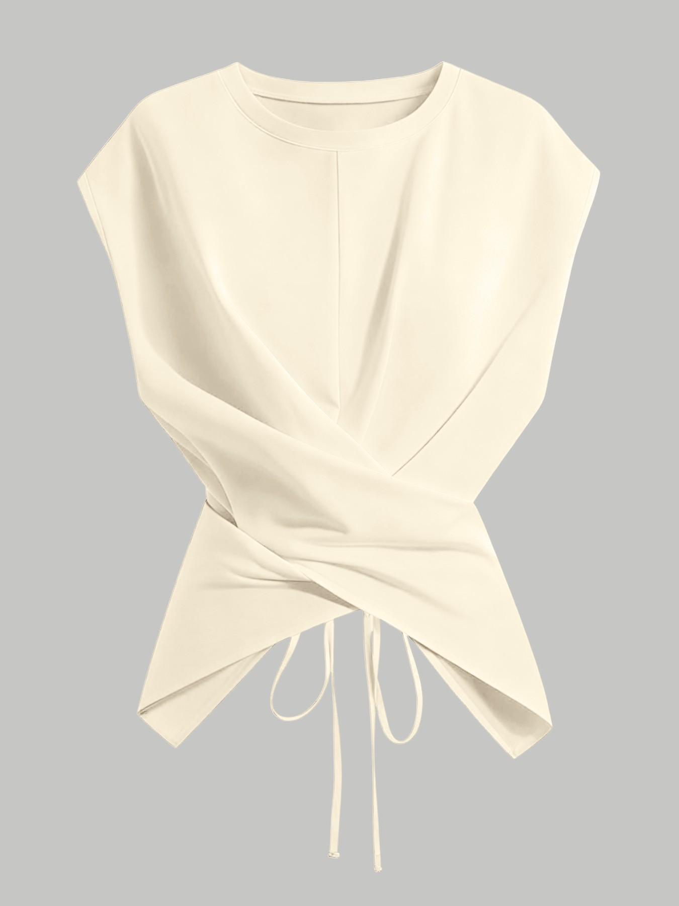 Women's Knitted Round Neck Drop Shoulder Sleeve T-Shirt Fit, Fashion Casual Chic Asymmetrical Criss Cross Back Tie Top, Spring & Fall Wear