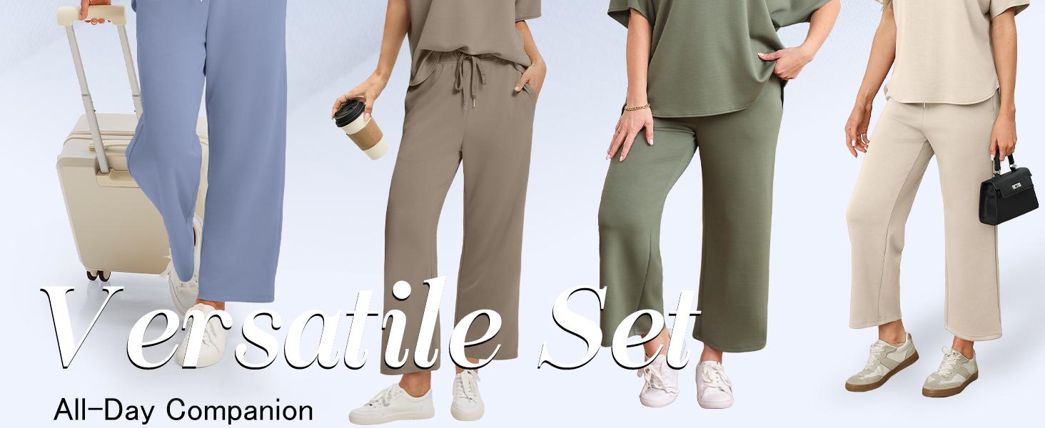 OFEEFAN Two Piece Sets for Women Summer Outfits Oversized Wide Leg Crop Pants Lounge Sets Airport Beach Vacation Clothes |(Size Up 1-2 for Oversized Look) Casual Shortsleeve