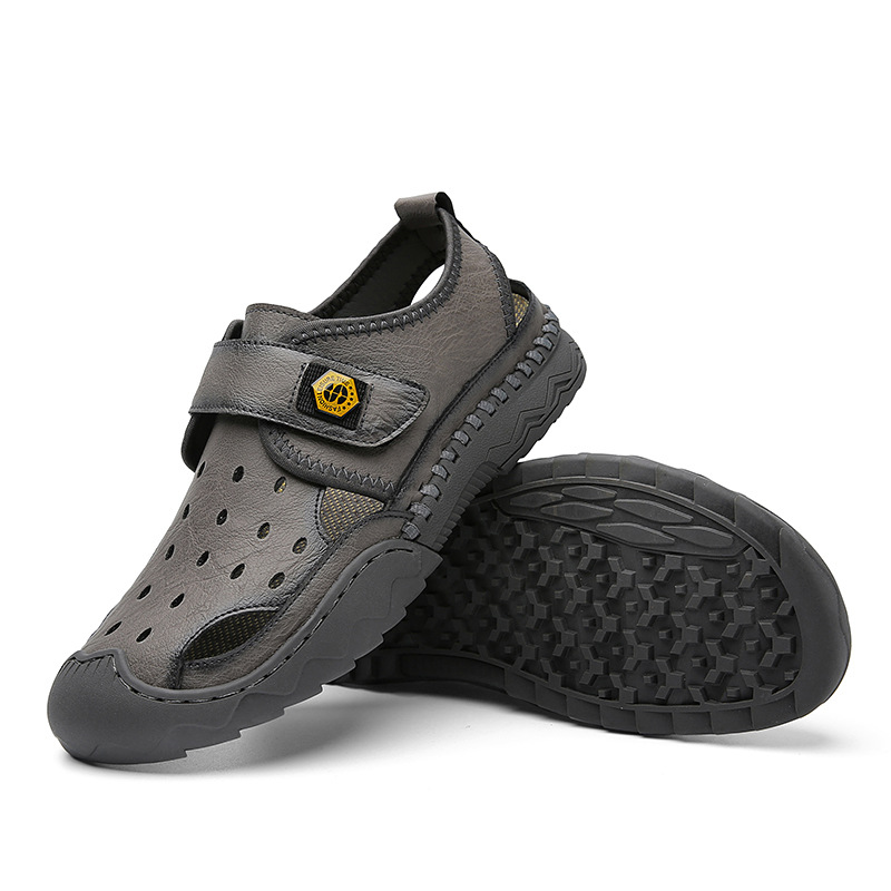 Men's Sandals Leather Durable Non Slip Outdoor Hiking Trekking Sandals Comfy Beach Water Shoes With Hook And Loop Fastener For Spring And Summer(Wide Foot Big Size)-walkjoyful