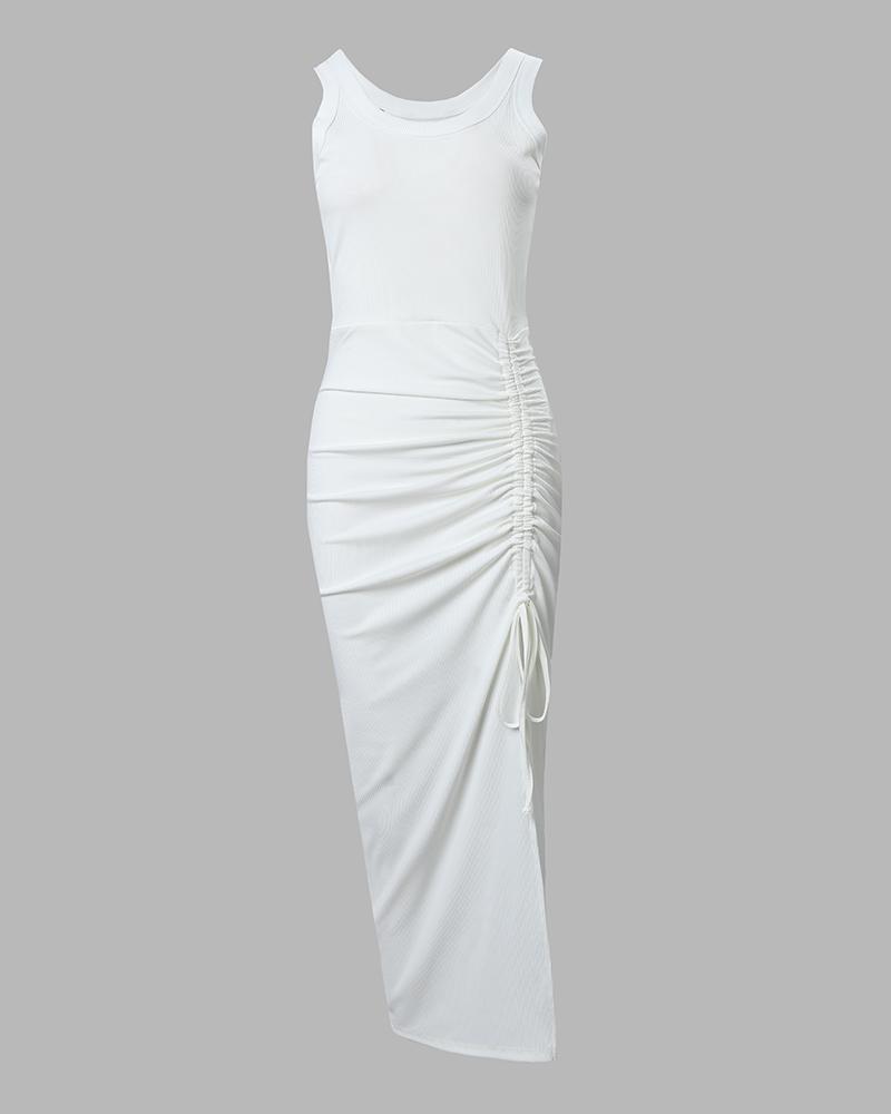 Chicme Summer Dress for Women Ruched Drawstring Bodycon Dress, Ribbed Vacation Mid-Calf Dress for Beach Party, Club, Night Out Chicme Summer Dress for Women Ruched Drawstring Bodycon Dress, Ribbed Vacation Mid-Calf Dress for Beach Party, Club, Night Out