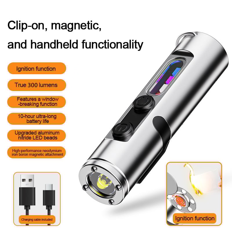 Pocket Rechargeable EDC Flashlight: 500 Lumens Mini Keychain Light with Fire Starter & Window Breaker