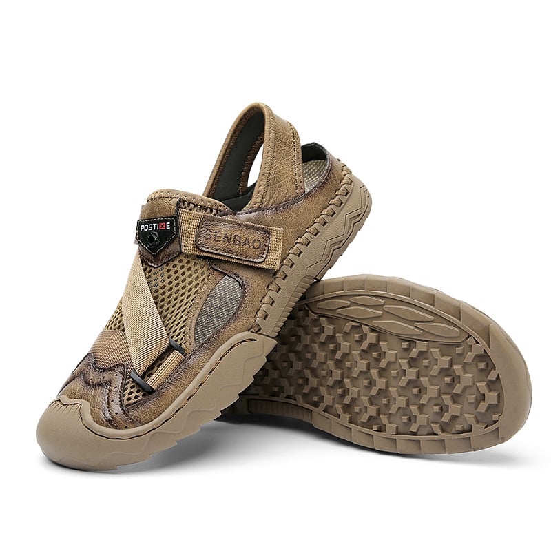 Men's Sandals Leather Durable Non Slip Outdoor Hiking Trekking Sandals Comfy Beach Water Shoes With Hook And Loop Fastener For Spring And Summer(Wide Foot Big Size)-walkjoyful