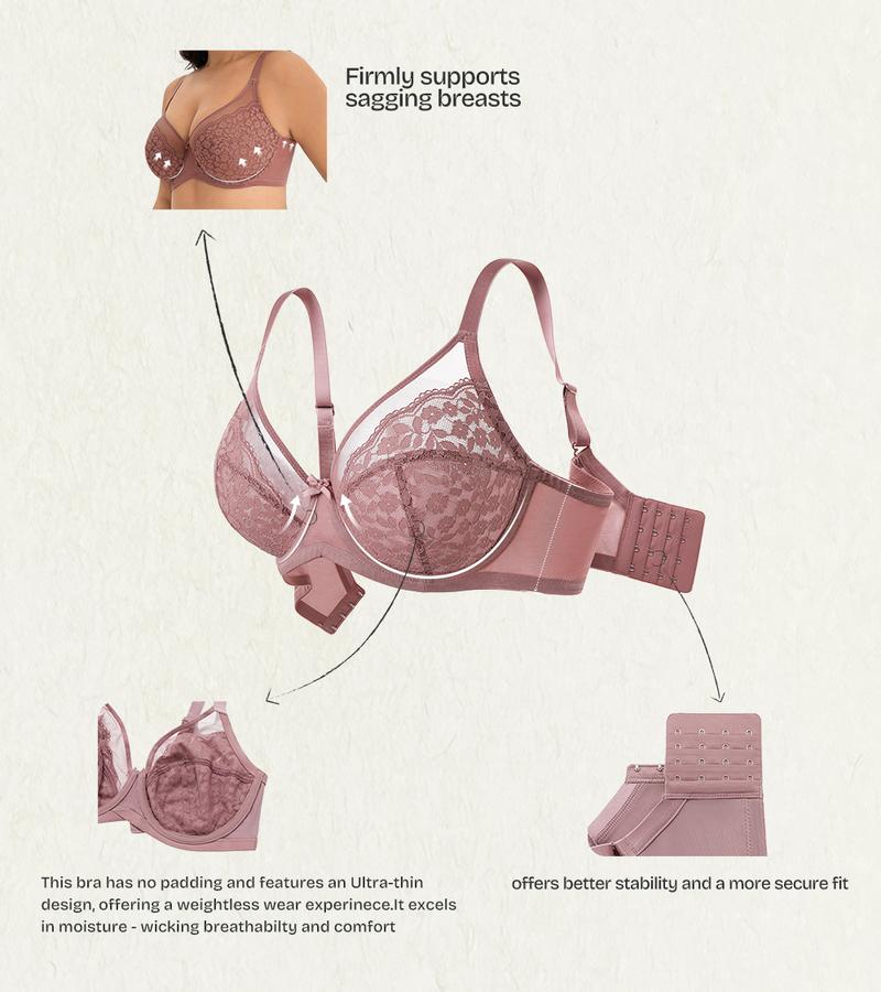 Lacsper Daisy minimizer Bra Floral Lace Unlined Comfort Non-Padded Full Coverage Plus Size Underwire with Supportive Under Band Comfortable Fit