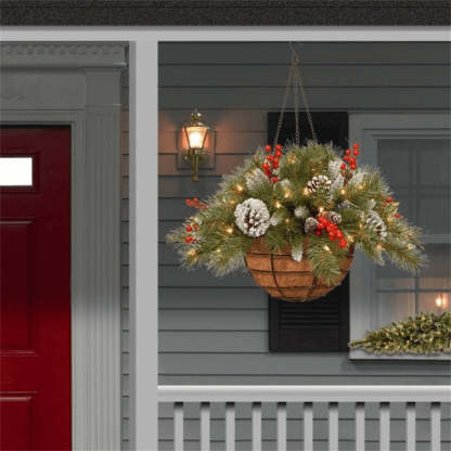 🎄 lit Artificial Christmas Hanging Basket - Flocked with Mixed Decorations and White LED Lights - Frosted Berry