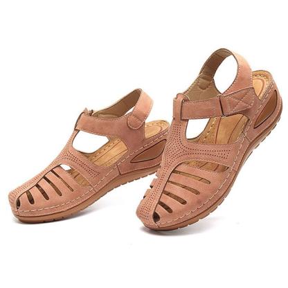 Vanccy - Soft PU Leather Closed Toe Vintage Anti-Slip Sandals-walkjoyful