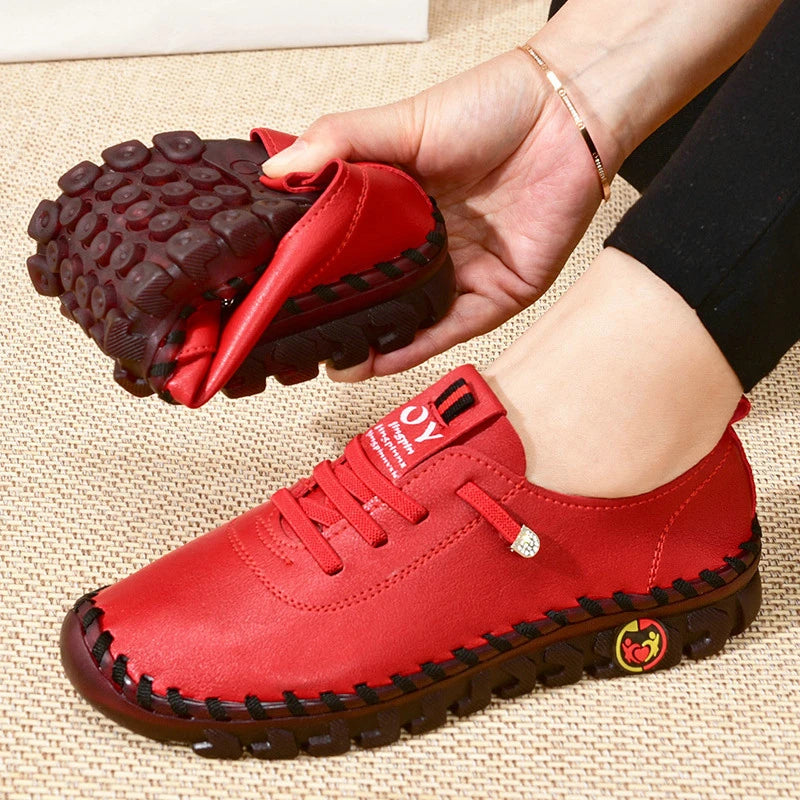 Women Lace Up Leather Handmade Beef Tendon Loafer Shoes-walkjoyful