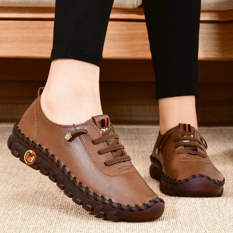 Women Lace Up Leather Handmade Beef Tendon Loafer Shoes-walkjoyful