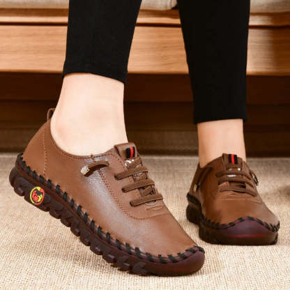 Women Lace Up Leather Handmade Beef Tendon Loafer Shoes-walkjoyful