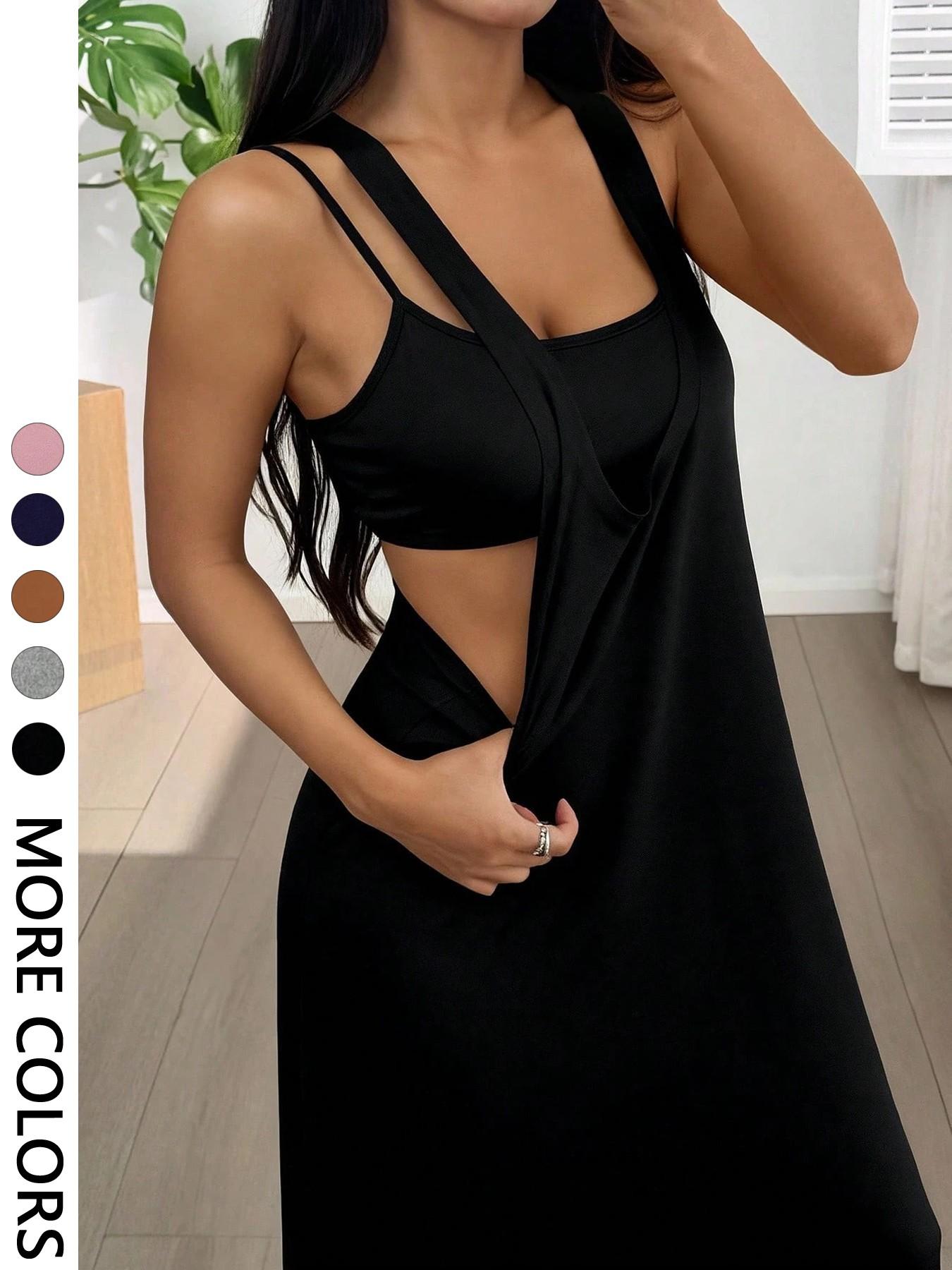 Women's 2pcs Heather solid color Tank Top & Cutout Maxi Dress Set , Soft Stretchy Fabric & Double-Strap Design