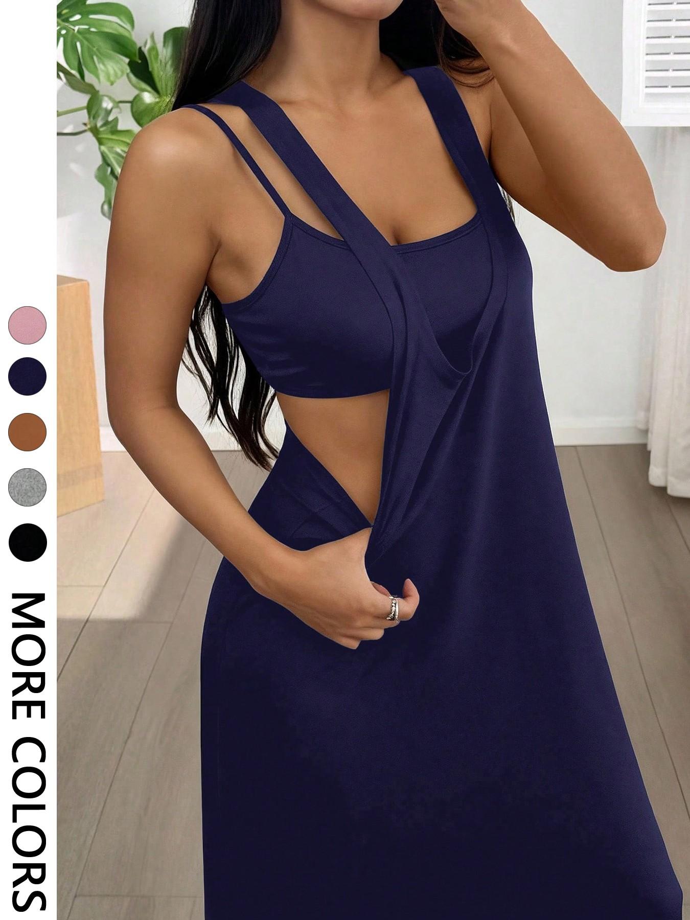 Women's 2pcs Heather solid color Tank Top & Cutout Maxi Dress Set , Soft Stretchy Fabric & Double-Strap Design