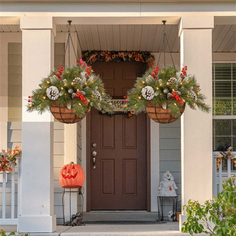 🎄 lit Artificial Christmas Hanging Basket - Flocked with Mixed Decorations and White LED Lights - Frosted Berry