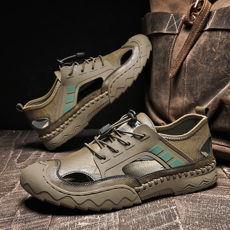 Men's Sandals Leather Durable Non Slip Outdoor Hiking Trekking Sandals Comfy Beach Water Shoes With Hook And Loop Fastener For Spring And Summer(Wide Foot Big Size)-walkjoyful