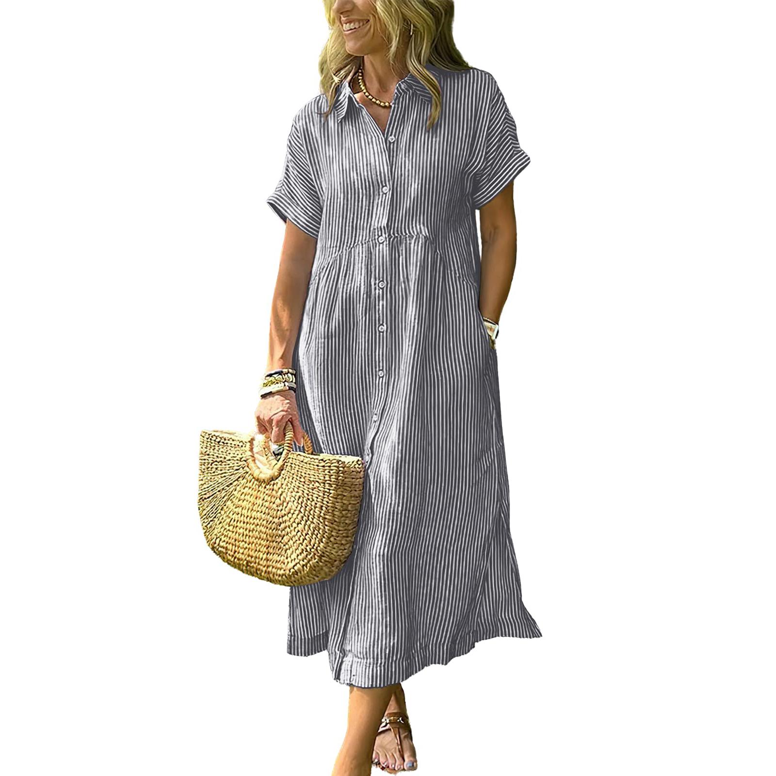 Chouyatou Women's Loose Midi Striped Shirt Dress Bohemian Side Slit Dress with Pockets Office Casual Outfit sundress Summer Breathable bounce dress
