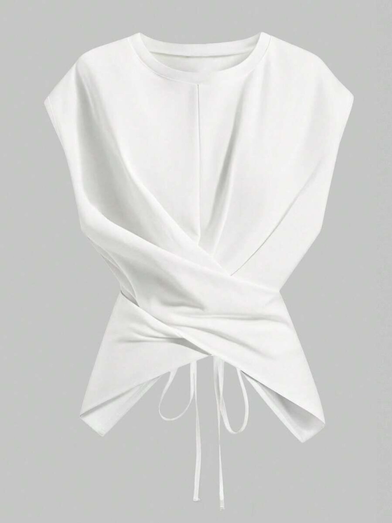 Women's Knitted Round Neck Drop Shoulder Sleeve T-Shirt Fit, Fashion Casual Chic Asymmetrical Criss Cross Back Tie Top, Spring & Fall Wear