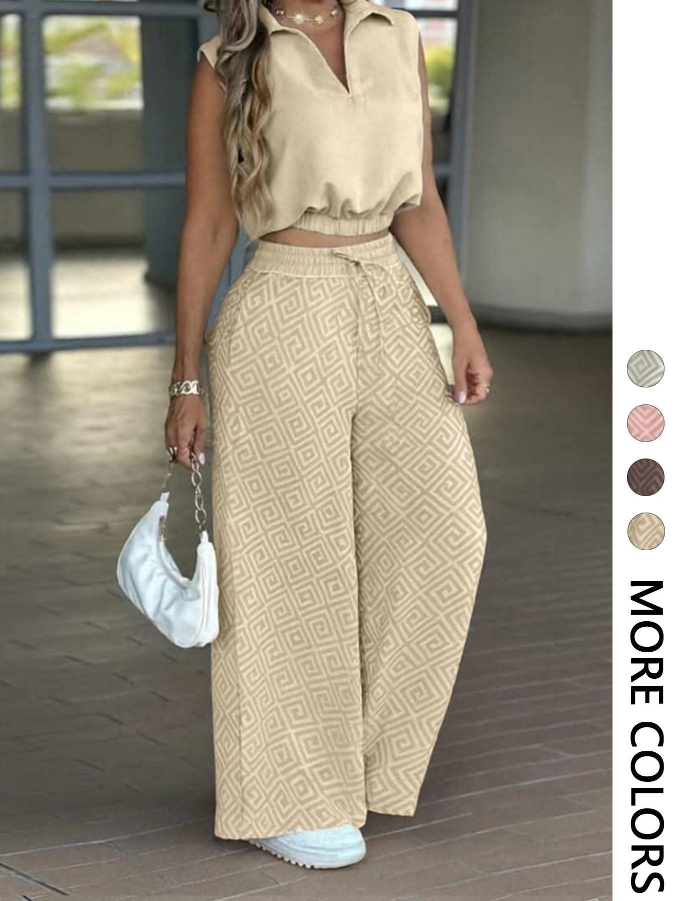 2-Piece Women's Casual Commuter Set, Womenswear Sleeveless Collared Waist-Defined Top with High-Waisted Drawstring Adjustable Wide-Leg Pants