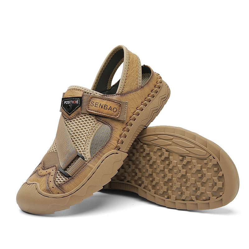 Men's Sandals Leather Durable Non Slip Outdoor Hiking Trekking Sandals Comfy Beach Water Shoes With Hook And Loop Fastener For Spring And Summer(Wide Foot Big Size)-walkjoyful