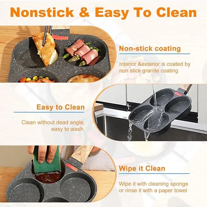 🍳Non-stick Egg Frying Pan, 4 Holes Skillet With Handle, Multifunctional, Wooden Handle Medical Stone Omelet Non-stick Cookware frying pan🍳