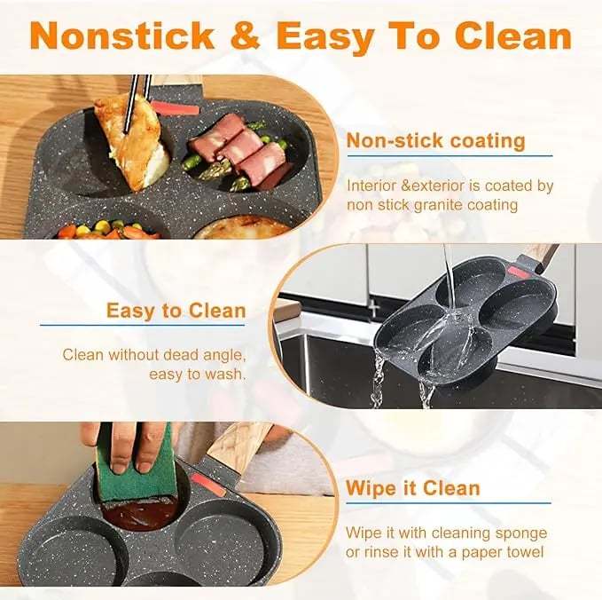 🍳Non-stick Egg Frying Pan, 4 Holes Skillet With Handle, Multifunctional, Wooden Handle Medical Stone Omelet Non-stick Cookware frying pan🍳