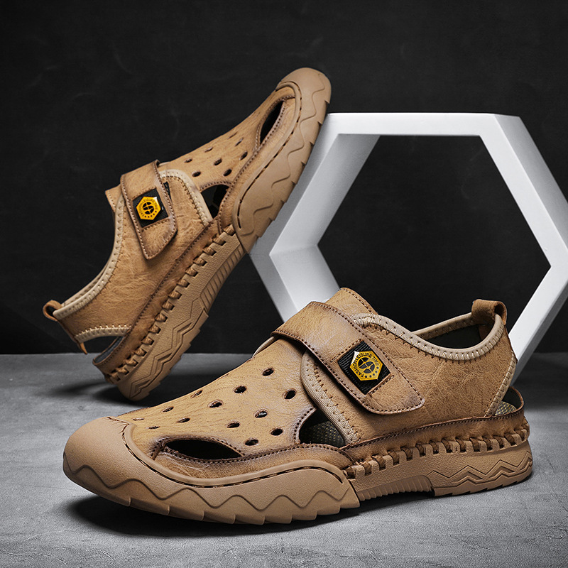 Men's Sandals Leather Durable Non Slip Outdoor Hiking Trekking Sandals Comfy Beach Water Shoes With Hook And Loop Fastener For Spring And Summer(Wide Foot Big Size)-walkjoyful