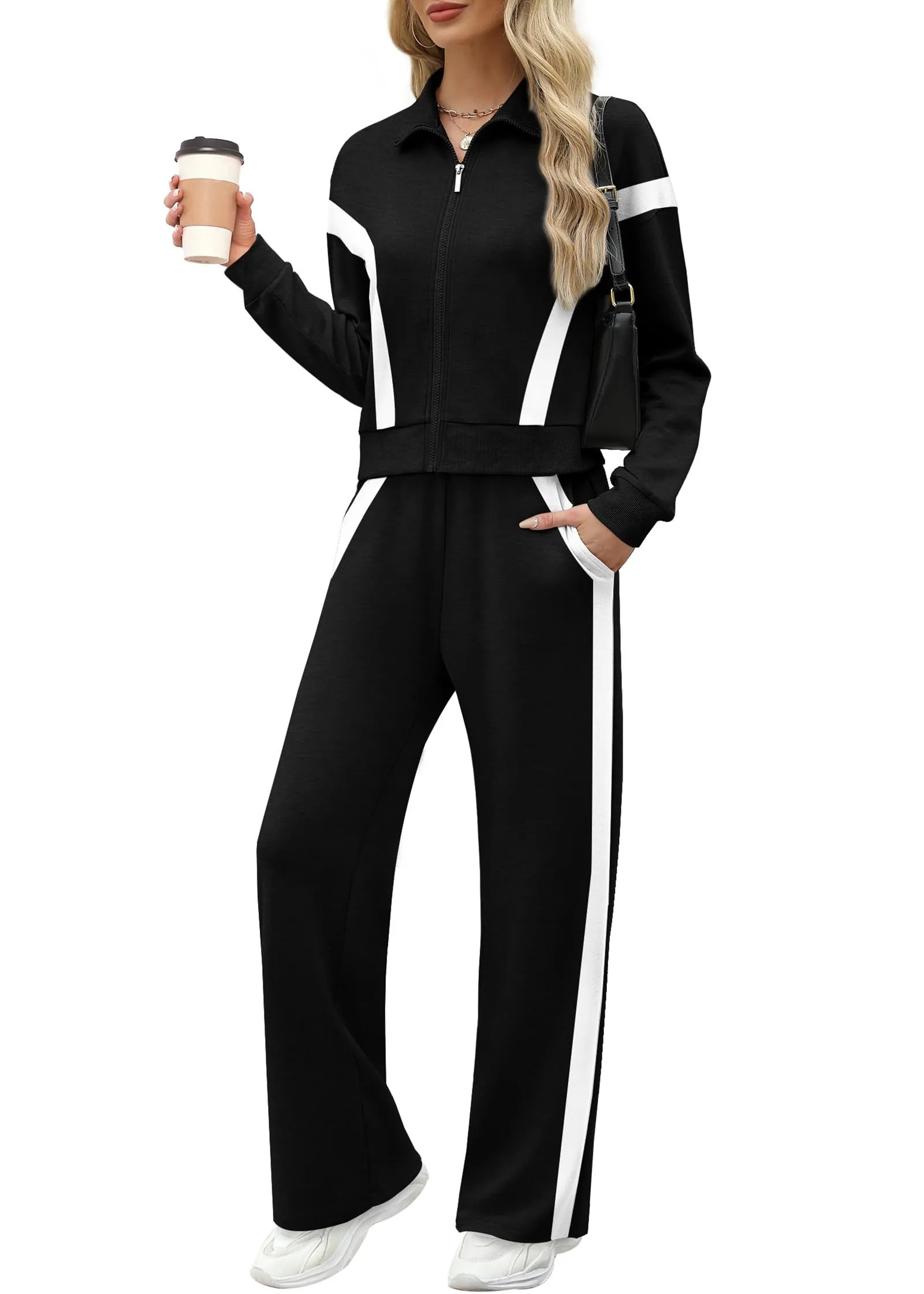 ⏰Hot Sale-Women Sweatsuit 2 Piece Outfits Sweatshirt Wide Leg Sweatpant Tracksuit