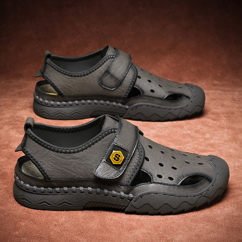 Men's Sandals Leather Durable Non Slip Outdoor Hiking Trekking Sandals Comfy Beach Water Shoes With Hook And Loop Fastener For Spring And Summer(Wide Foot Big Size)-walkjoyful