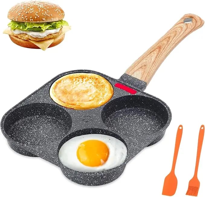 🍳Non-stick Egg Frying Pan, 4 Holes Skillet With Handle, Multifunctional, Wooden Handle Medical Stone Omelet Non-stick Cookware frying pan🍳