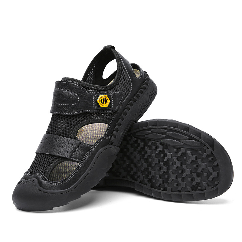 Men's Sandals Leather Durable Non Slip Outdoor Hiking Trekking Sandals Comfy Beach Water Shoes With Hook And Loop Fastener For Spring And Summer(Wide Foot Big Size)-walkjoyful