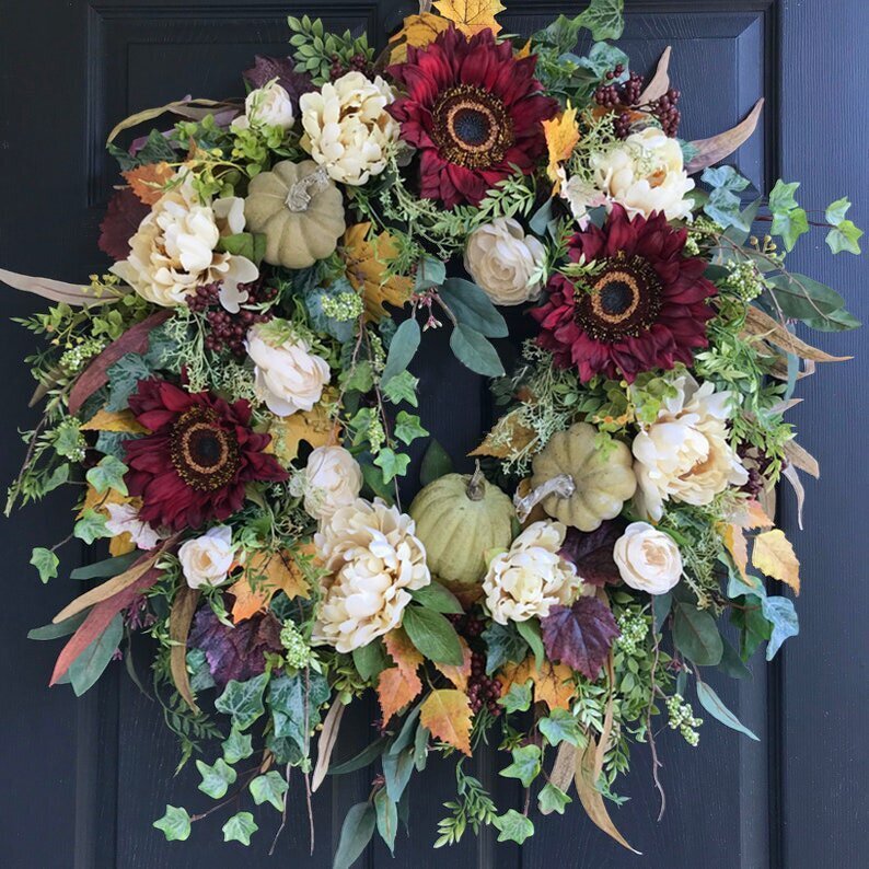 Large Fall Wreath - Burgundy Sunflower Wreath