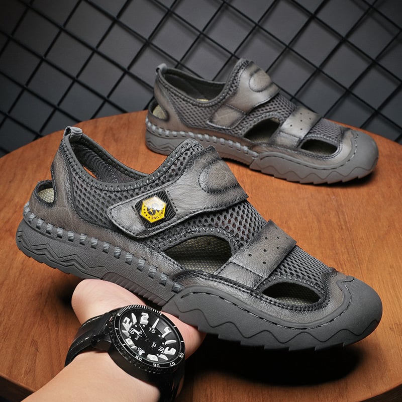 Men's Sandals Leather Durable Non Slip Outdoor Hiking Trekking Sandals Comfy Beach Water Shoes With Hook And Loop Fastener For Spring And Summer(Wide Foot Big Size)-walkjoyful