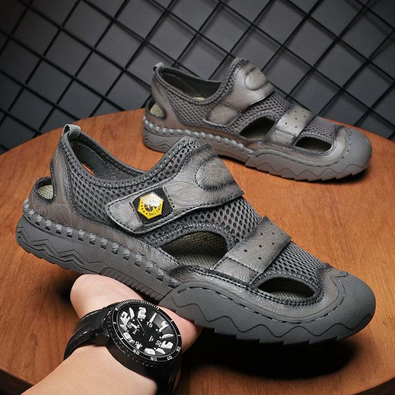 Men's Sandals Leather Durable Non Slip Outdoor Hiking Trekking Sandals Comfy Beach Water Shoes With Hook And Loop Fastener For Spring And Summer(Wide Foot Big Size)-walkjoyful