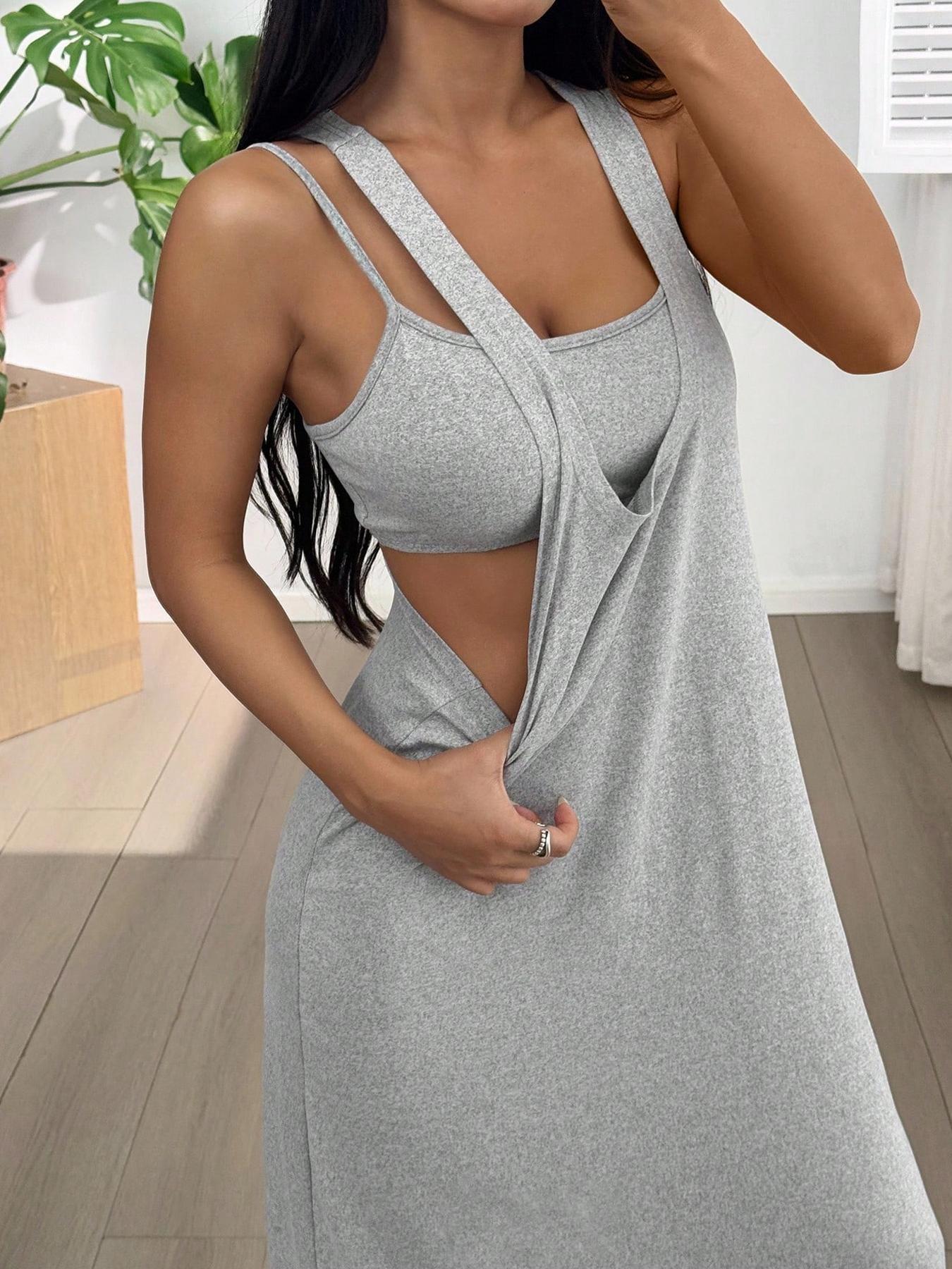 Women's 2pcs Heather solid color Tank Top & Cutout Maxi Dress Set , Soft Stretchy Fabric & Double-Strap Design