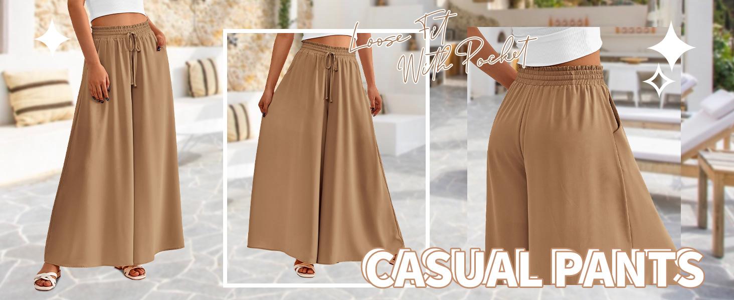 BTFBM Women Casual High Waist Wide Leg Pants Summer Floral Solid Long Palazzo Pants Lounge Beach Trousers with Pockets #Outdoorfun