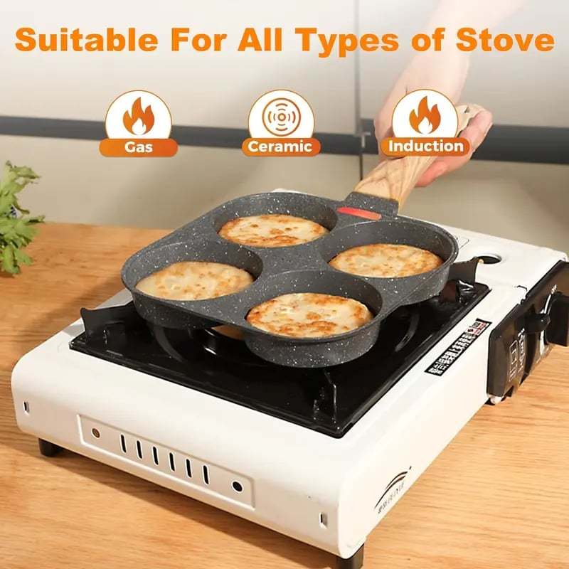 🍳Non-stick Egg Frying Pan, 4 Holes Skillet With Handle, Multifunctional, Wooden Handle Medical Stone Omelet Non-stick Cookware frying pan🍳