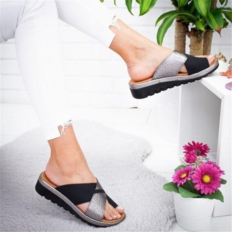 Women Artificial PU Shoes Slippers Orthopedic Bunion Corrector Comfy Platform Wedge Ladies Casual Big Toe Correction Sandal-walkjoyful