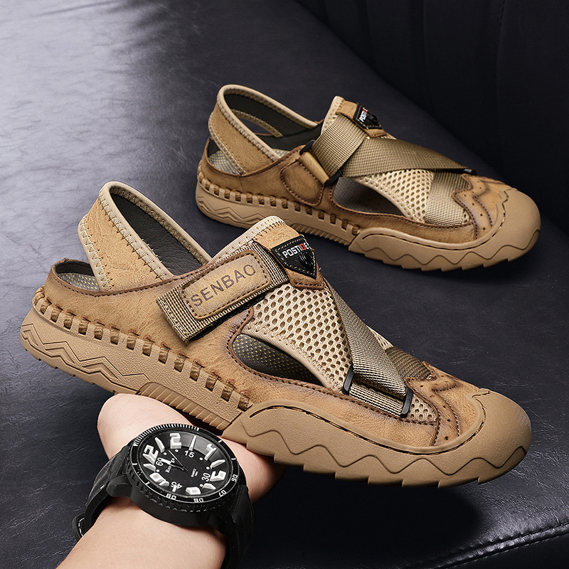 Men's Sandals Leather Durable Non Slip Outdoor Hiking Trekking Sandals Comfy Beach Water Shoes With Hook And Loop Fastener For Spring And Summer(Wide Foot Big Size)-walkjoyful