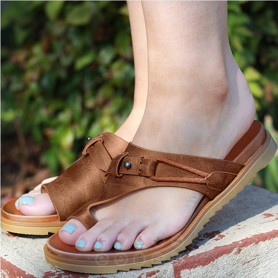 Sandals for Women Orthopedic Bunion Corrector Slippers Leather Ring Toe Sandal Comfy Platform Flat Lady Shoes Plus Sizes-walkjoyful