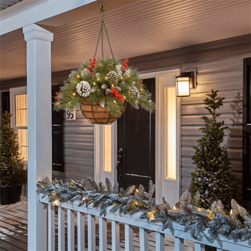 🎄 lit Artificial Christmas Hanging Basket - Flocked with Mixed Decorations and White LED Lights - Frosted Berry