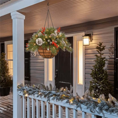 🎄 lit Artificial Christmas Hanging Basket - Flocked with Mixed Decorations and White LED Lights - Frosted Berry