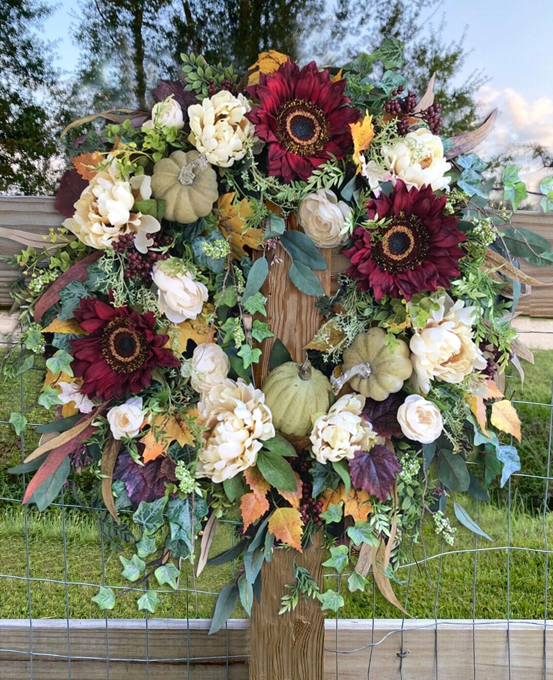 Large Fall Wreath - Burgundy Sunflower Wreath