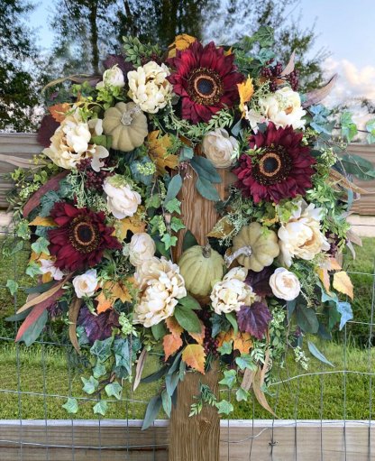 Large Fall Wreath - Burgundy Sunflower Wreath